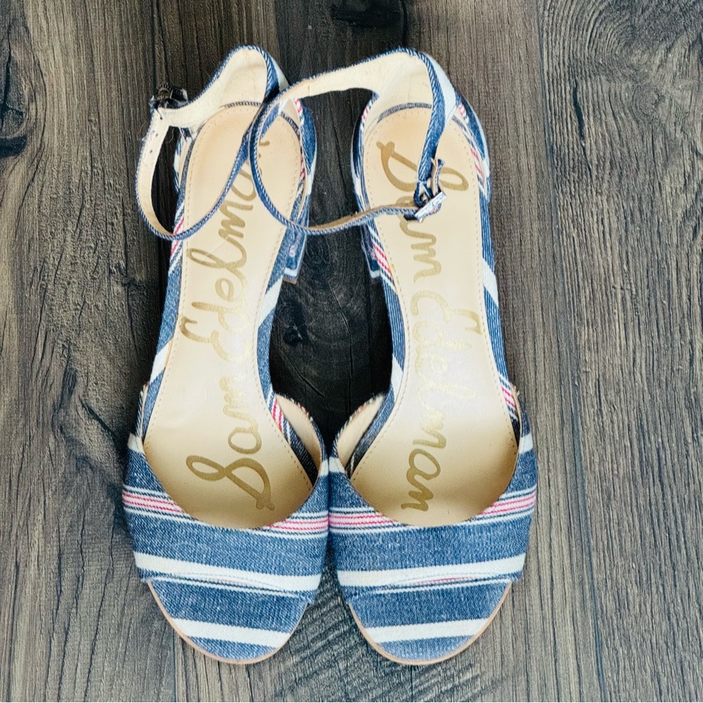 Sam Edelman Susie Block Heel Sandals - Blue, White, and Red Stripes Size 8.5